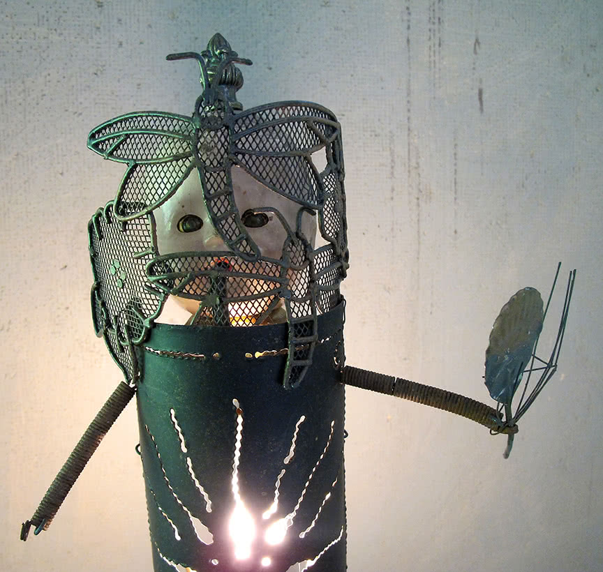 Dragonfly Girl Lamphead mixed media functional light sculpture by Ramona Jan